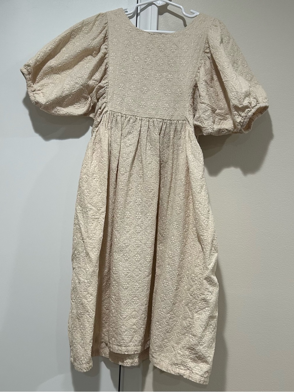 H&M Cream Puff-Sleeve Embroidered Midi Dress